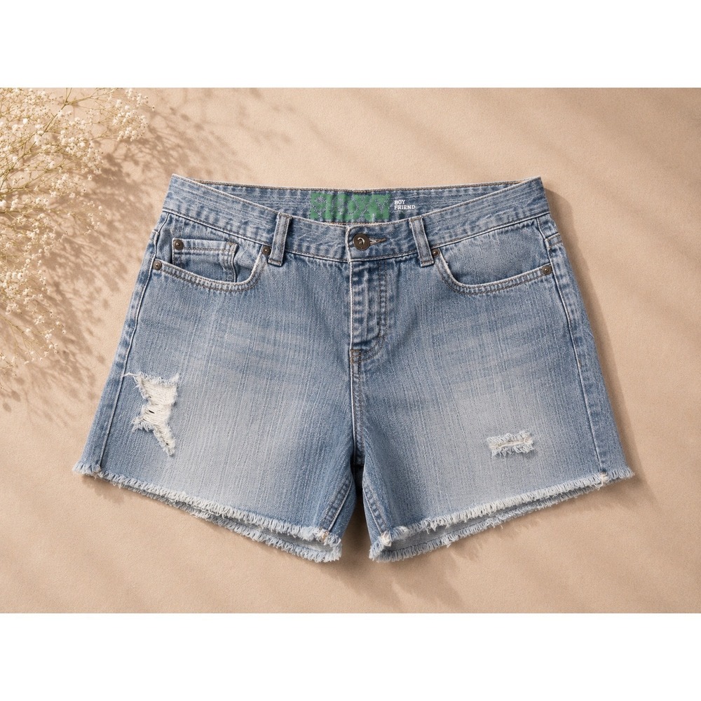 Roxy Boyfriend Distressed Denim Shorts Blue Medium Wash Button Fly Size 9 Y2K